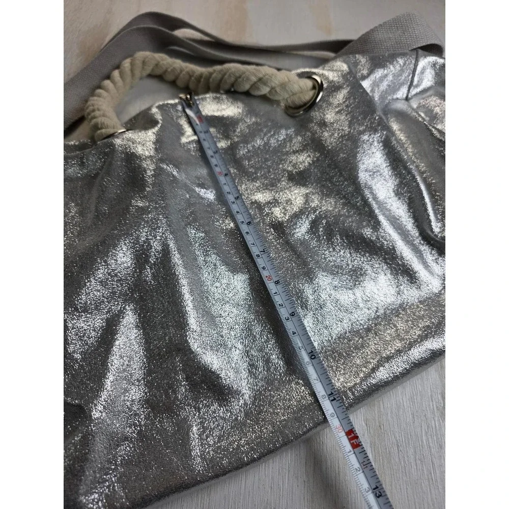 Metallic Silver Duffle Bag Y2K Rope Handle Crossbody Nautical Festival Boho